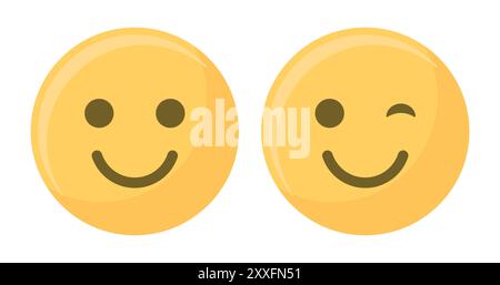 Smile, wink or eye blink face emoji set in yellow and black color. Winking Face. Eye wink emoji, funny yellow emoticon with smile. Smile icon vector. Stock Vector