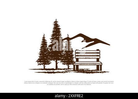 Rustic Vintage Mountain Hill with Pine Cedar Conifer Evergreen Larch Trees and Wooden Bench for Garden Park Logo Design Vector Stock Vector
