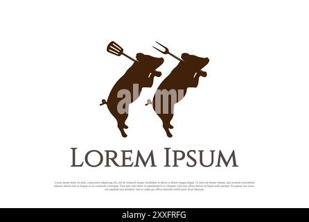 Two Twin Pig with Fork and Spatula for Barbecue BBQ Grill Logo Design Vector Stock Vector