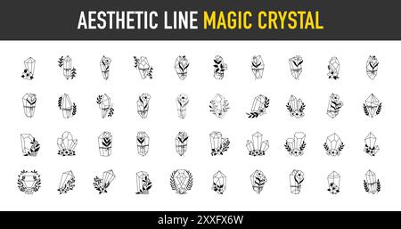 Aesthetic magic crystals collection. Celestial crystals, flowers and magic elements isolated set. Hand drawn vector illustration in boho style. Stock Vector