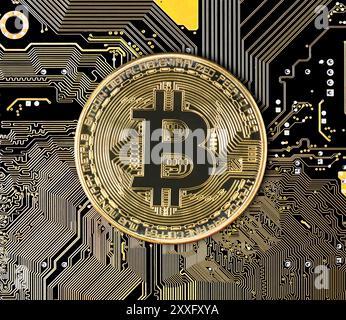 Blockchain technology bitcoin mining concept. Cryptocurrency bitcoin coin on circuit board Stock Photo