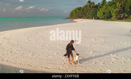 Young tourist is enjoying a relaxing walk with her dog on a pristine white sand beach, with lush green palm trees and turquoise waters in the background Stock Photo