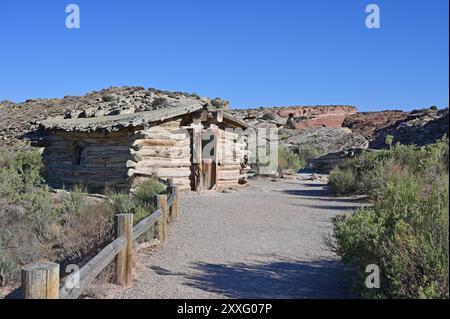 Wolfe Ranch or Turnbow Cabin in Arches National Park on clear sunny summer morning. Stock Photo