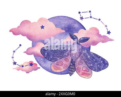 Celestial butterfly or moth, leaves and moon isolated boho kids clipart ...