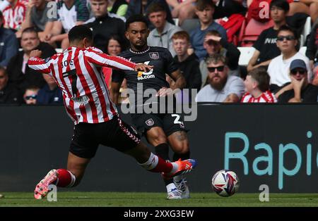 Stadium Of Light, Sunderland on Saturday 24th August 2024. Sunderland's Jobe Bellingham tackles Bunley's Lucas Pires during the Sky Bet Championship match between Sunderland and Burnley at the Stadium Of Light, Sunderland on Saturday 24th August 2024. (Photo: Michael Driver | MI News) Credit: MI News & Sport /Alamy Live News Stock Photo