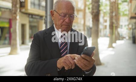 An elderly grey-haired caucasian man uses his smartphone while standing on an urban street during daylight. Stock Photo