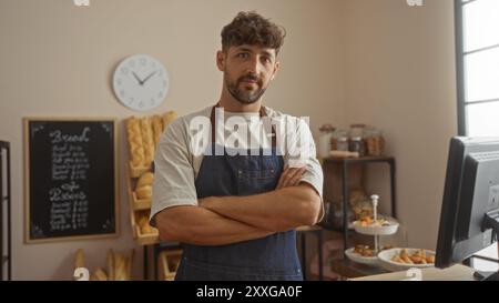 Young man in a bakery with crossed arms wearing an apron, standing confidently in the interior of a shop surrounded by baking goods and equipment, und Stock Photo