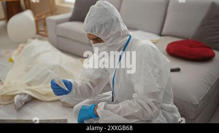 A man in forensic attire examines evidence at a crime scene in a living room. Stock Photo