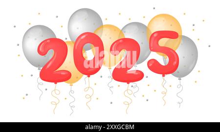 2025 New Year celebration vector illustration. Balloons numbers and confetti. Flat style golden and silver colored helium balloons. Inflatable digits Stock Vector