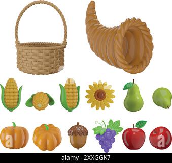 isolated empty cornucopia and wicker basket and autumn fruits. set of 3d fall fruits and containers Stock Vector