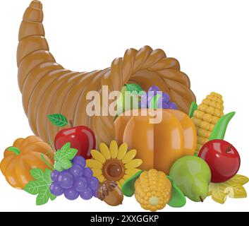 isolated cornucopia with fruits. 3d stylized cornucopia with fruits and leaves Stock Vector