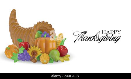 thanksgiving banner with 3d cornucopia and fall fruits Stock Vector