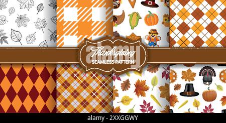 set of thanksgiving seamless patterns. collection of thanksgiving textures Stock Vector