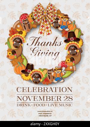 thanksgiving party poster with gingerbread cookies wreath. thanksgiving flyer Stock Vector