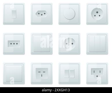 Socket and switch. Various type electrical connectors. Modern standard power supply. 3D equipment. Toggle buttons. Interior plastic elements. Electric Stock Vector