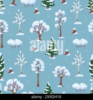 Snow covered trees seamless pattern. Winter forest. Cold season landscape. Repeated print. Snowdrifts and snowy wood branches. Deciduous or coniferous Stock Vector