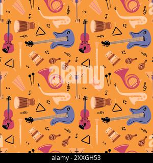 Music instruments seamless pattern. Acoustic and electrical musical tools. Repeated print. Orchestra melody notes and keys. Musicians drum. Guitar or Stock Vector