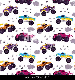 Monster trucks seamless pattern. Bright jeeps jump. Quadbikes speed driving. Repeated print. Extreme show. Aggressive cars exhaust gas clouds. Auto Stock Vector