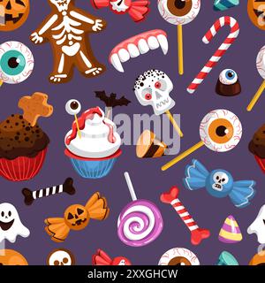 Halloween sweets seamless pattern. Sugar products. Holiday creepy candies. Eye lollipops. Spooky cookies. Ghost marshmallows. Scary jellies. Repeated Stock Vector