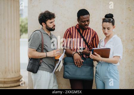 Business people collaborating in urban city, discussing project outdoors Stock Photo