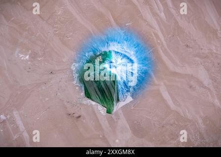 Exceptional Green dioptase with blue shattuckite included in quartz. Specimen from Namibia. Micro photography extreme close-up. microscope mineral cry Stock Photo