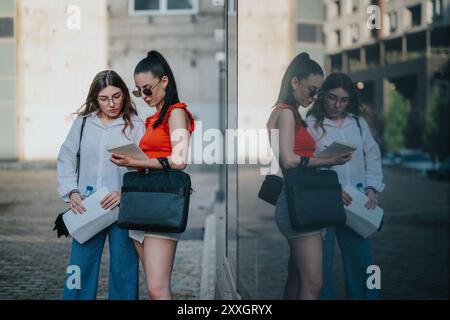 Two young businesswomen reviewing notes outdoors, collaborating on a project Stock Photo