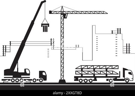Mounting crane on construction site – vector illustration Stock Vector