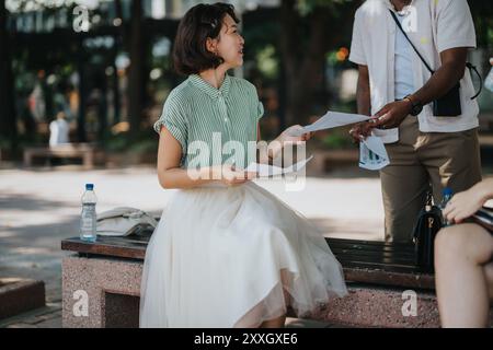 Multicultural businesspeople having an outdoor meeting in the city, discussing documents and collaborating Stock Photo