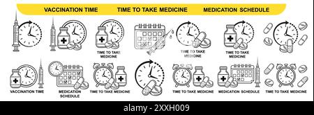 Time medicine pill take, medication vaccination injection schedule, alarm clock, dose medical tablet, medicament hour timetable line icon set. Vector Stock Vector