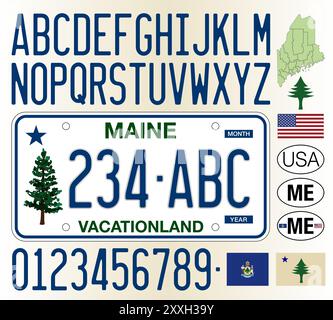 Maine new style car license plate pattern, letters, numbers and symbols, vector illustration, United States, USA Stock Vector