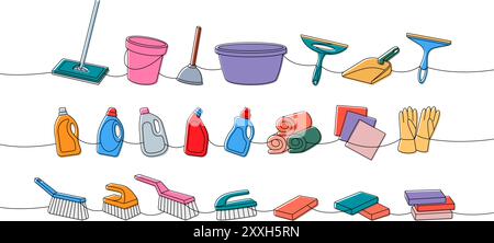 Housekeeping set one line. Floor mop, bucket, plunger, scoop, sponges, washcloths, brushes, toilet cleaners, towels, rags, gloves continuous one line Stock Vector