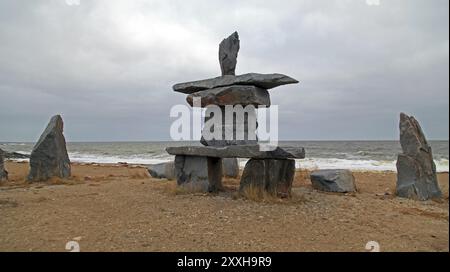 Inukshuk on Hudson Bay near Churchill Stock Photo