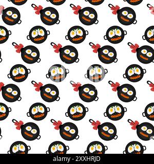 2 pans with handles with scrambled eggs and sausage with ketchup strip in shape of smiling emoticon Seamless pattern Top view. Isolated on white. Culinary food poster wallpaper or card Vector concept  Stock Vector