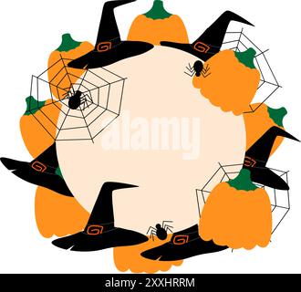 Halloween Round frame border with pumpkins, which hats, spiders and cobwebs. Greetings concept Copyspase. Cards, posters, banners, brochures, price tag or web background Vector illustration Isolated Stock Vector