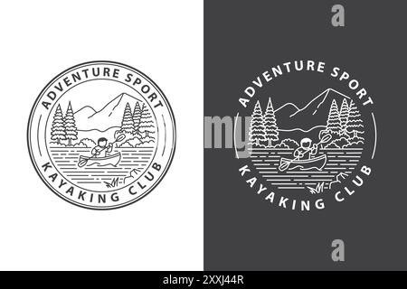 A circular logo featuring a person kayaking on a lake surrounded by trees and a mountain, with the text "Adventure Sport Kayaking Club". Stock Vector