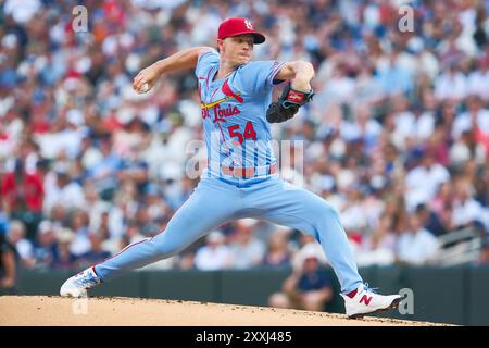 Minneapolis, Minnesota, USA. 24th Aug, 2024. St. Louis Cardinals starting pitcher SONNY GRAY (54) during a MLB game between the Minnesota Twins and the St. Louis Cardinals at Target Field. The Twins won 6-0. (Credit Image: © Steven Garcia/ZUMA Press Wire) EDITORIAL USAGE ONLY! Not for Commercial USAGE! Credit: ZUMA Press, Inc./Alamy Live News Stock Photo