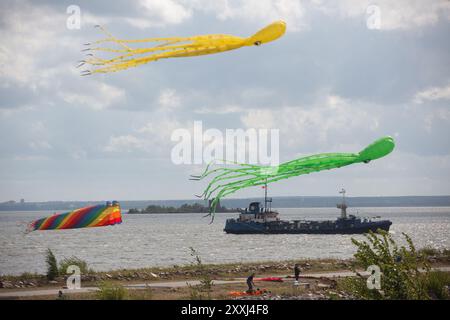 St. Petersburg, Russia. 24th Aug, 2024. Kites fly in the sky during a kite festival in Kronstadt, St. Petersburg, Russia, Aug. 24, 2024. The festival was held here from Aug. 24 to 25. Credit: Irina Motina/Xinhua/Alamy Live News Stock Photo