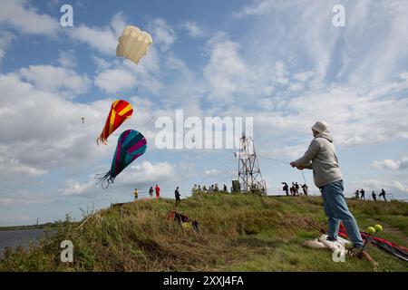 St. Petersburg, Russia. 24th Aug, 2024. People fly kites during a kite festival in Kronstadt, St. Petersburg, Russia, Aug. 24, 2024. The festival was held here from Aug. 24 to 25. Credit: Irina Motina/Xinhua/Alamy Live News Stock Photo