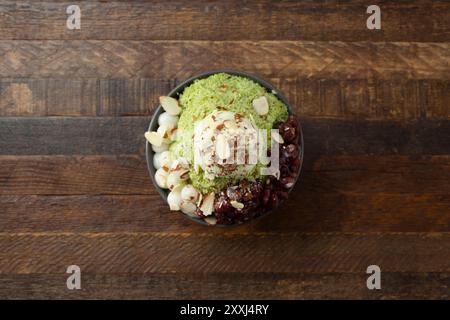 A top down view of a matcha bingsu bowl. Stock Photo