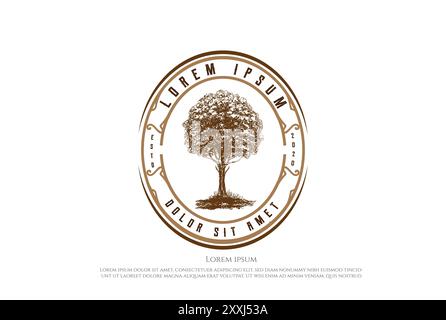 Rustic Hand Drawn Oak Banyan Maple Tree Badge Emblem Label Logo Design Vector Stock Vector