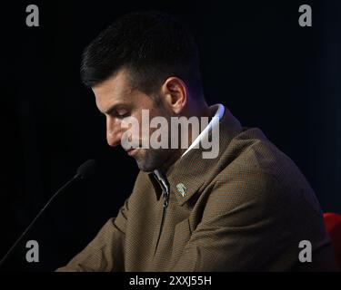 Flushing NY, USA. 24th Aug, 2024. Novak Djokovic speaks to the media at the USTA Billie Jean King National Tennis Center on August 24, 2024 in Flushing Queens. Credit: Mpi04/Media Punch/Alamy Live News Stock Photo