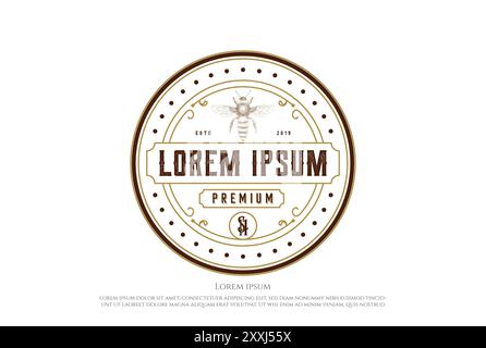 Retro Hipster Hand Drawn Bee for Honey Farm Product Label Logo Design Vector Stock Vector