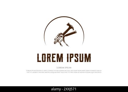 Hipster Rustic Han hold Hammer and Chisel for Carpentry Woodworking Logo Design Vector Stock Vector