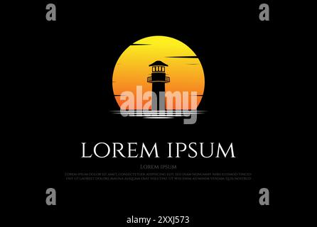 Sunset Sunrise Lighthouse Searchlight Beacon Tower Island Beach Logo Design Vector Stock Vector