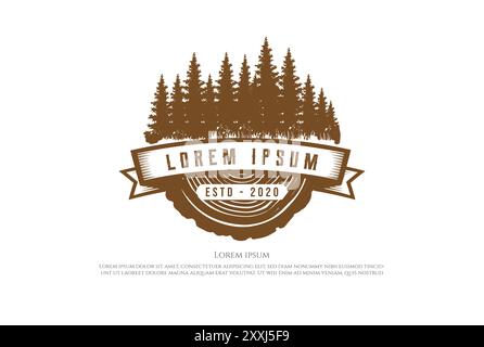 Retro Vintage Pine Cedar Spruce Evergreen Fir Hemlock Larch Cypress Trees Forest with Wood for Timber Logging Logo Design Vector Stock Vector