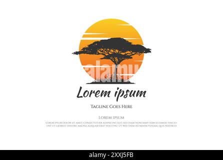 Sunset Sunrise African Acacia Tree Forest Logo Design Vector Stock Vector