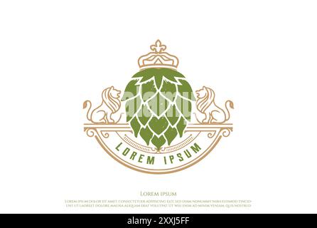 Lion King Crown Crest Hop for Beer Brewing Brewery Label Logo Design Vector Stock Vector