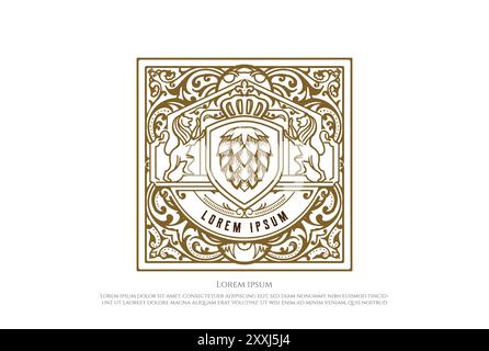 Golden Elegant Luxury Shield Lion King Crown with Hop for Craft Beer Brewing Brewery Badge Emblem Label Logo Design Vector Stock Vector