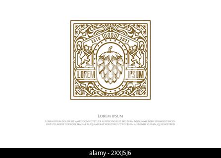 Square Elegant Luxury Shield Lion King Crown with Hop for Craft Beer Brewing Brewery Badge Emblem Label Logo Design Vector Stock Vector