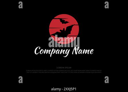 Red Moon with Bat Silhouette for Horror Halloween Logo Design Vector Stock Vector